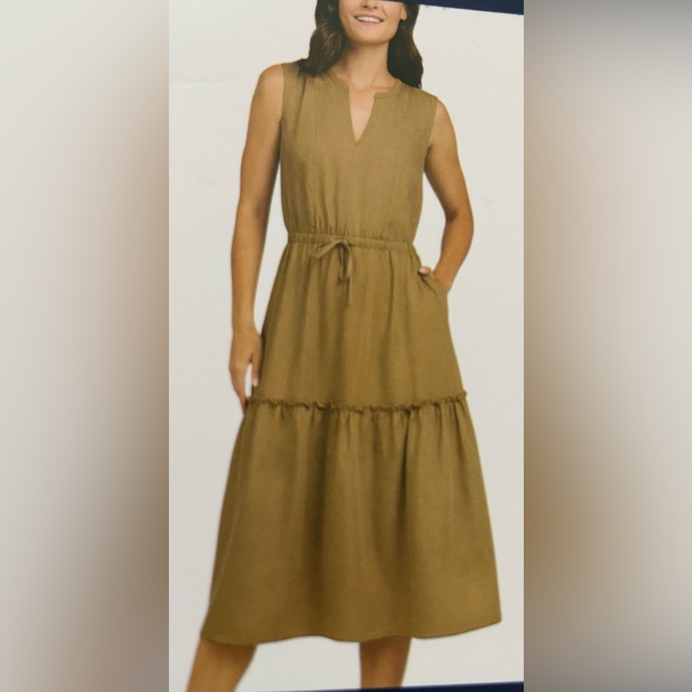 Lands End Ladies Tiered Midi Tan Dress With Side Pockets